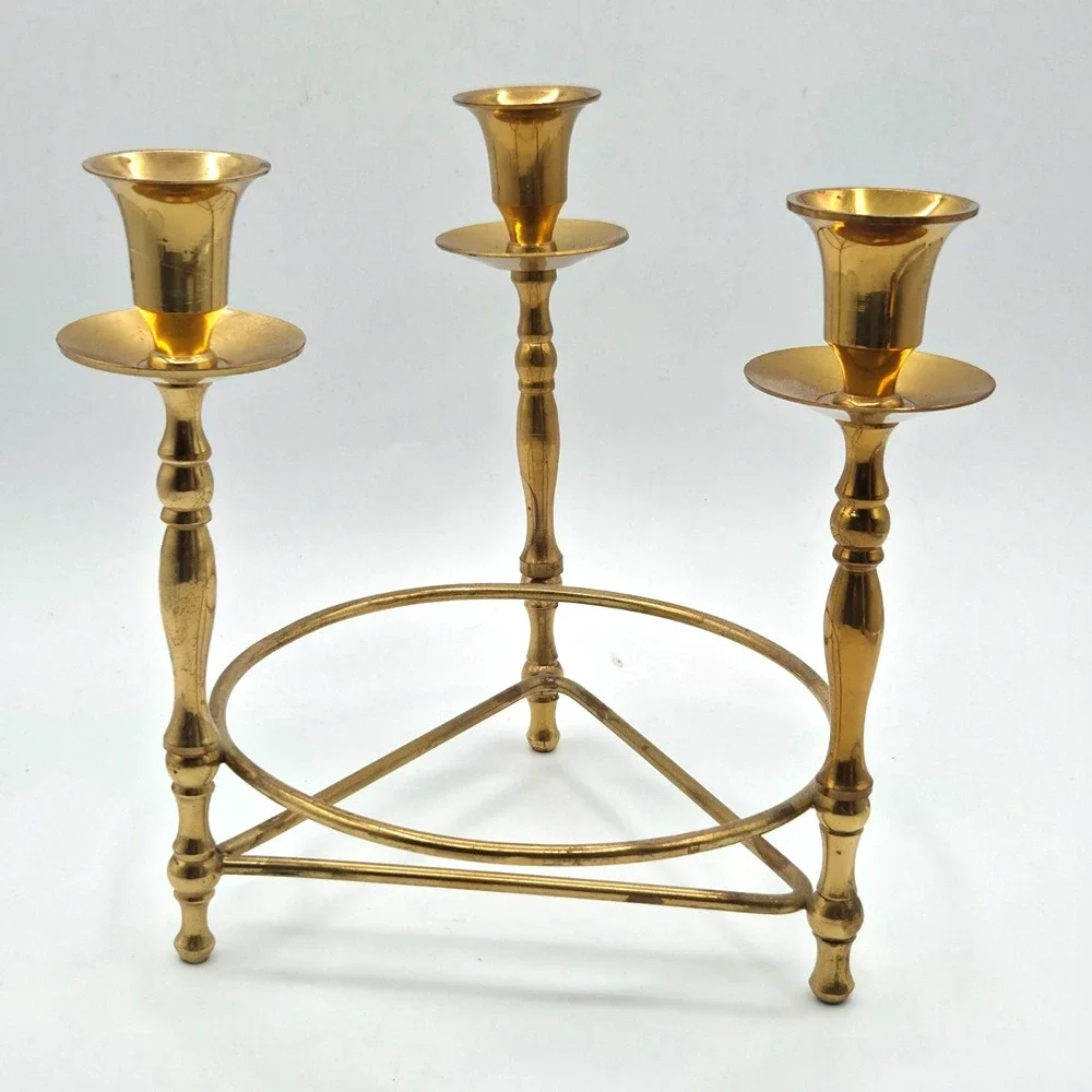 VINTAGE Teleflora Triple 3 Brass Candleholder Ribbed Glass Centerpiece Vase Dish